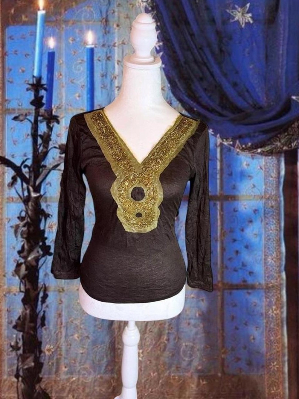 Vintage Y2K Deadstock Brown Long Sleeve Rhinestone Top